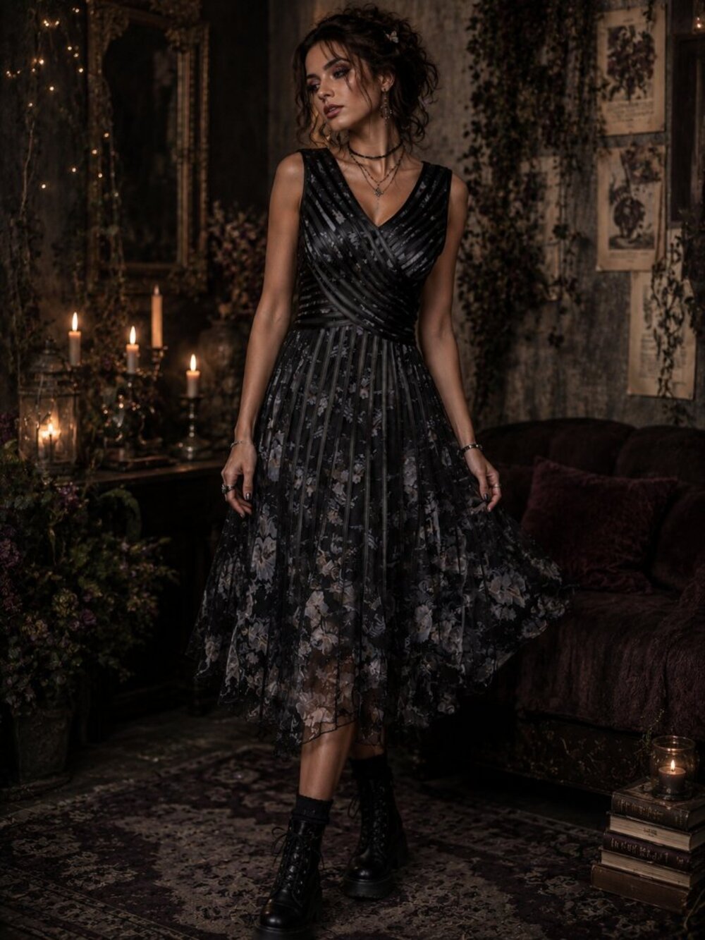 Mgiacy Dark Floral Tulle Midi Dress Size S Whimsigoth Fairy Grunge Dark Romantic